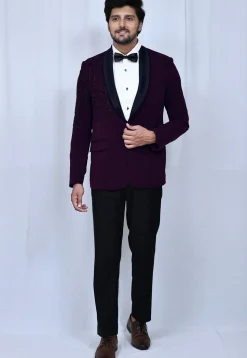 Embroidered Suede Blazer Set in Purple