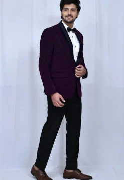 Embroidered Suede Blazer Set in Purple