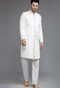 Embroidered Suede Sherwani in Off White