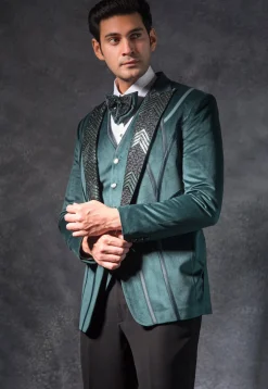 Embroidered Suede Tuxedo Set in Dark Green