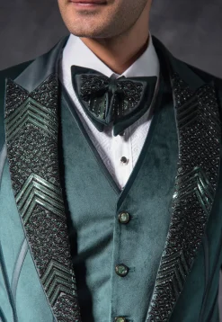 Embroidered Suede Tuxedo Set in Dark Green