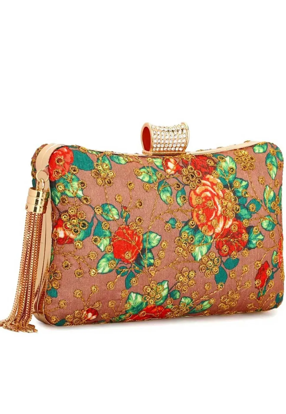 Embroidered Synthetic Rectangular Clutch Bag in Peach