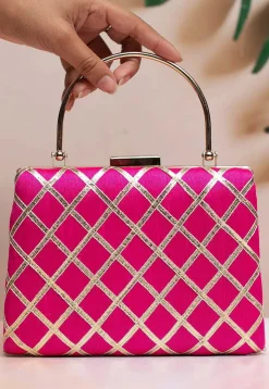 Embroidered Synthetic Rectangular Clutch Bag in Fuchsia