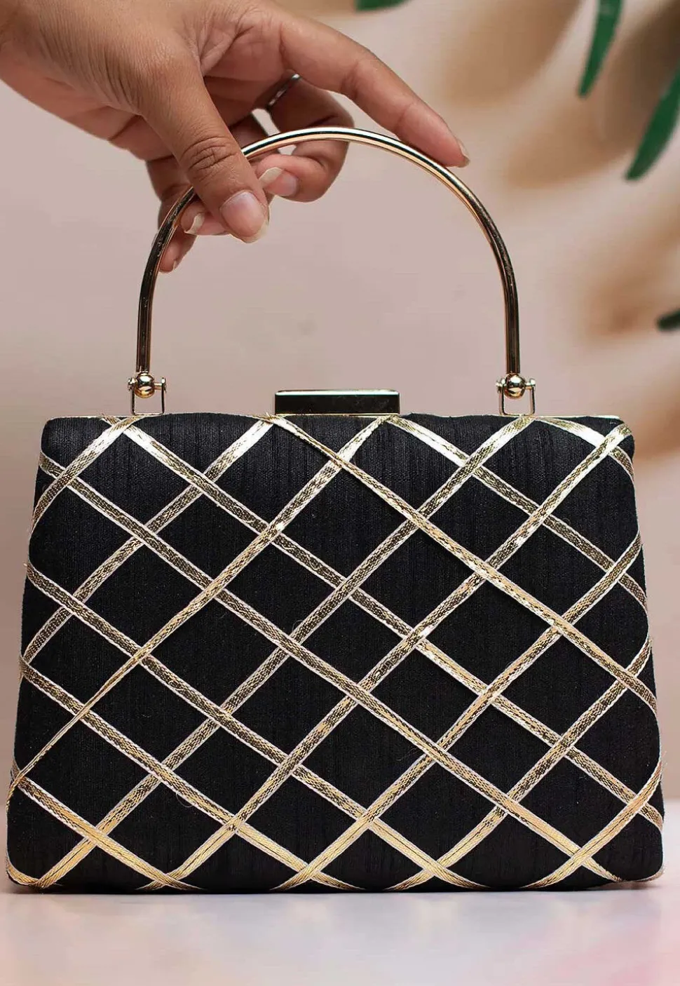 Embroidered Synthetic Rectangular Clutch Bag in Black