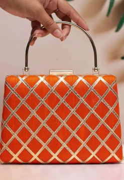 Embroidered Synthetic Rectangular Clutch Bag in Orange