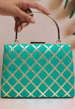 Embroidered Synthetic Rectangular Clutch Bag in Turquoise
