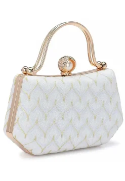 Embroidered Synthetic Rectangular Clutch Bag in Off White
