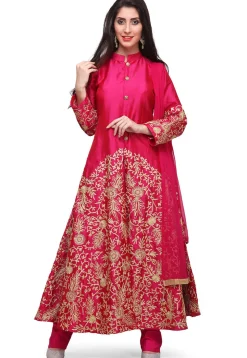 Embroidered Taffeta Silk Front Slit Pakistani Suit in Fuchsia