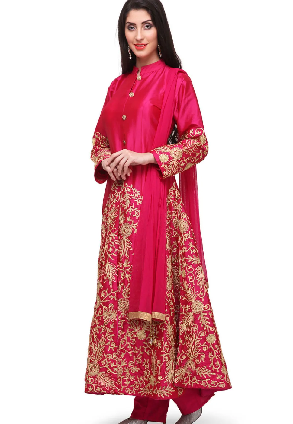 Embroidered Taffeta Silk Front Slit Pakistani Suit in Fuchsia
