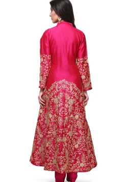 Embroidered Taffeta Silk Front Slit Pakistani Suit in Fuchsia