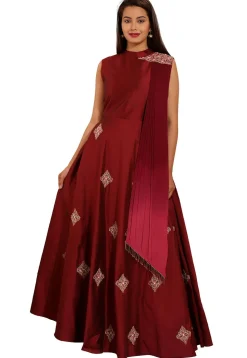 Embroidered Taffeta Silk Gown in Maroon