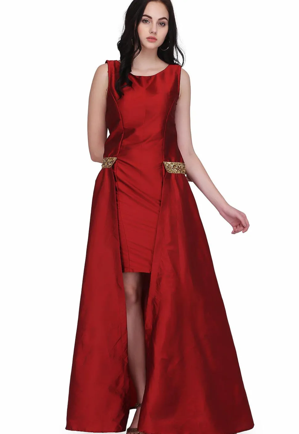 Embroidered Taffeta Silk Maxi Dress in Maroon