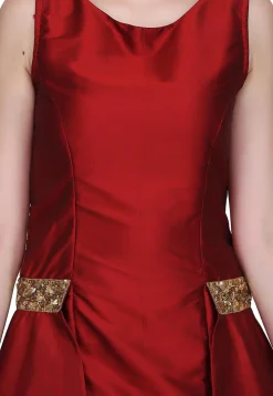 Embroidered Taffeta Silk Maxi Dress in Maroon