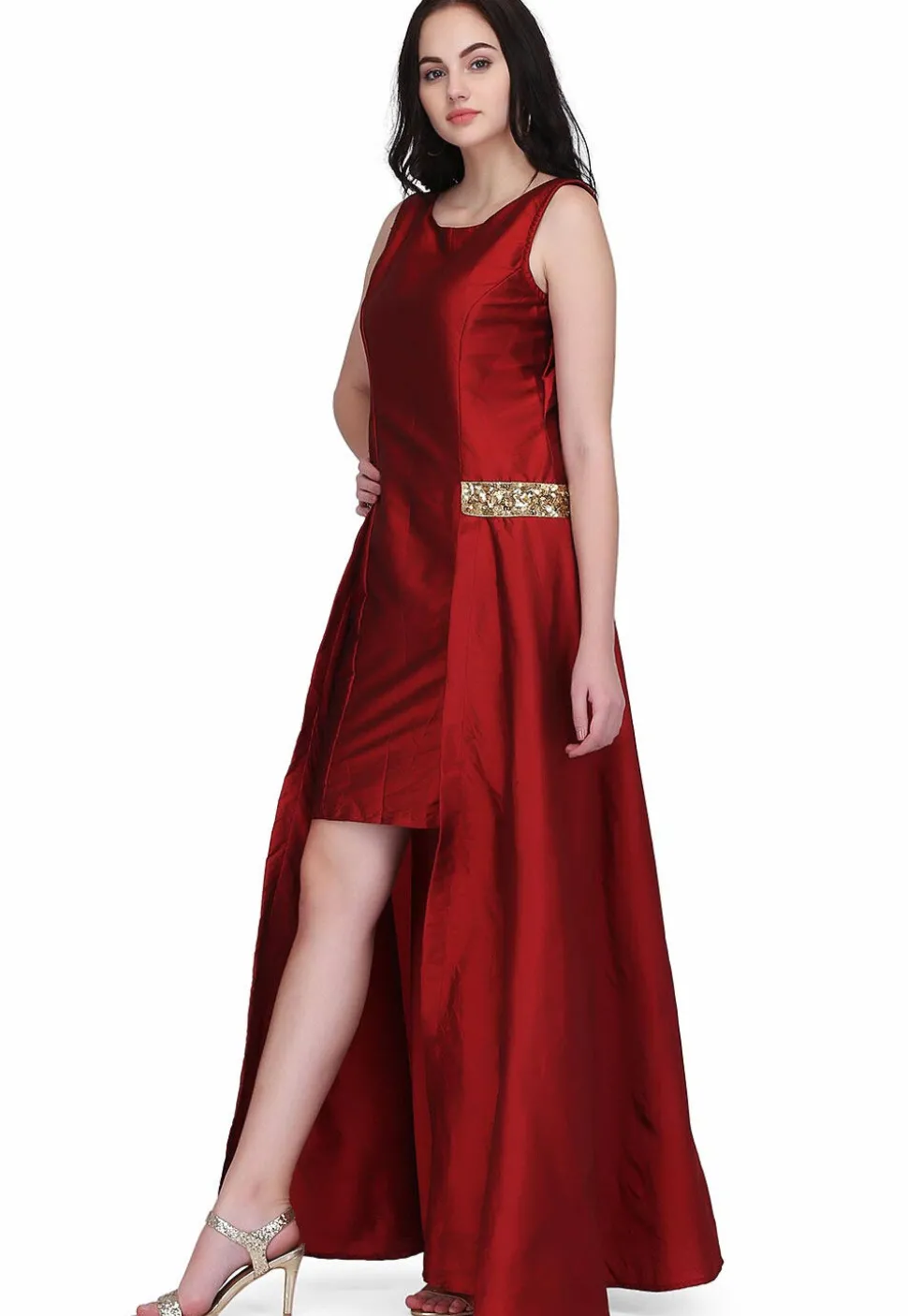Embroidered Taffeta Silk Maxi Dress in Maroon