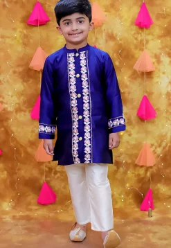 Embroidered Taffeta Silk Sherwani Set in Navy Blue