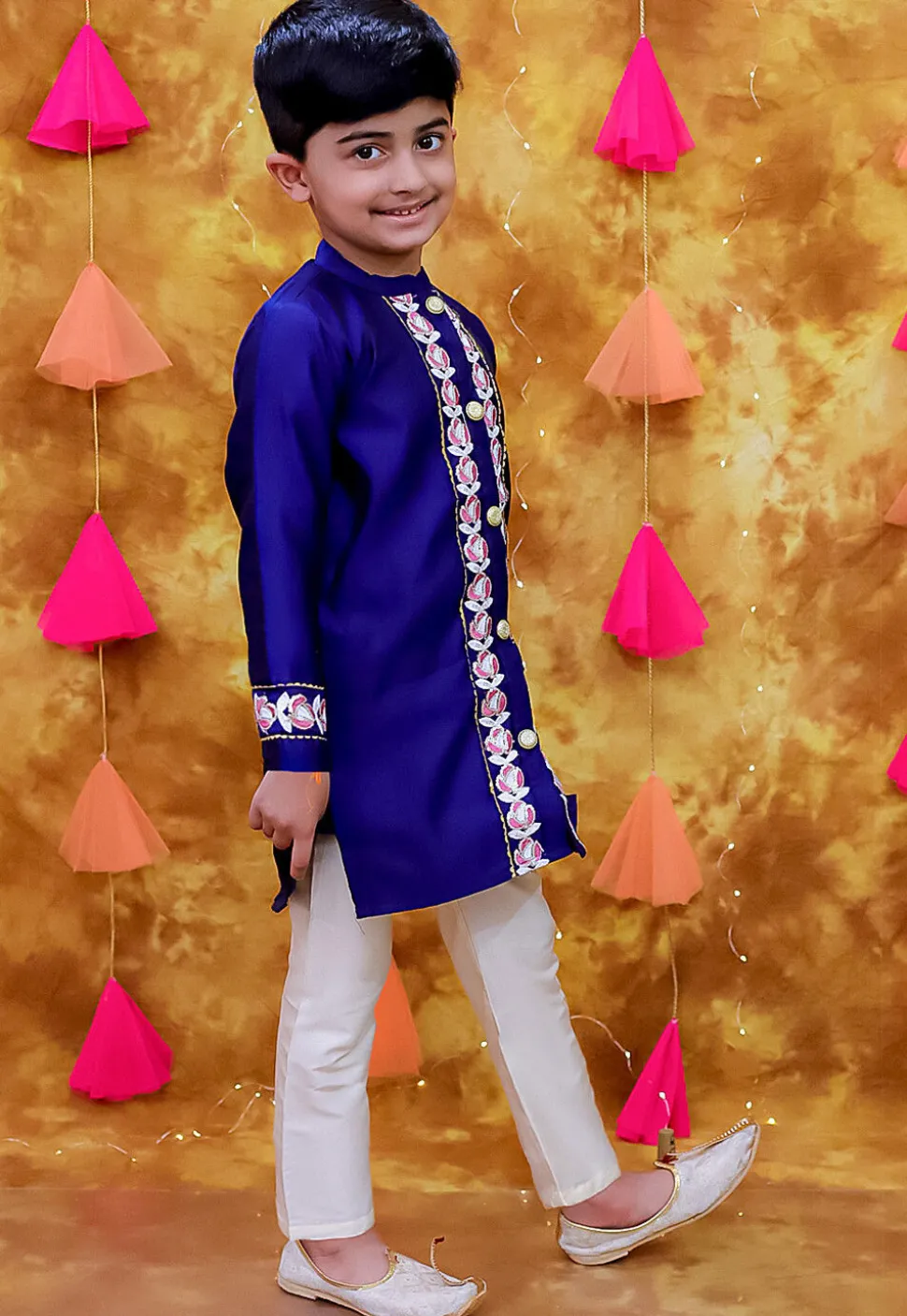 Embroidered Taffeta Silk Sherwani Set in Navy Blue