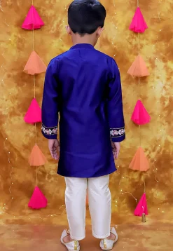 Embroidered Taffeta Silk Sherwani Set in Navy Blue
