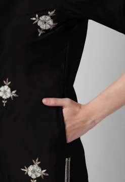 Embroidered Taffeta Silk Straight Suit in Black