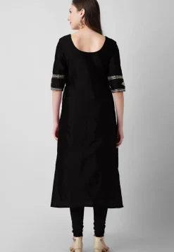 Embroidered Taffeta Silk Straight Suit in Black