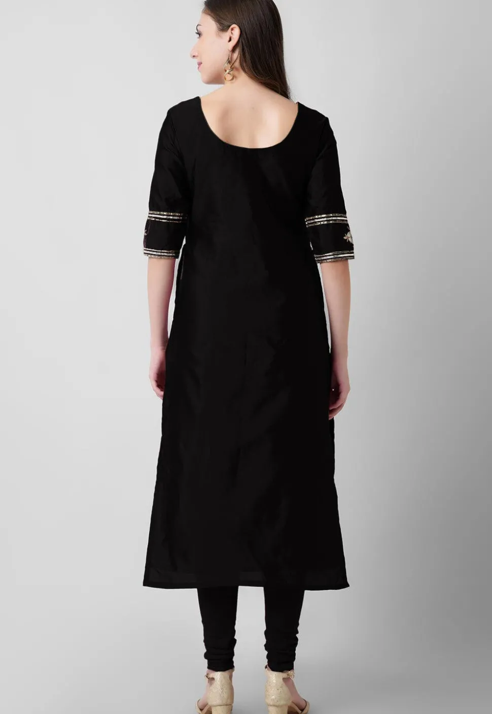 Embroidered Taffeta Silk Straight Suit in Black