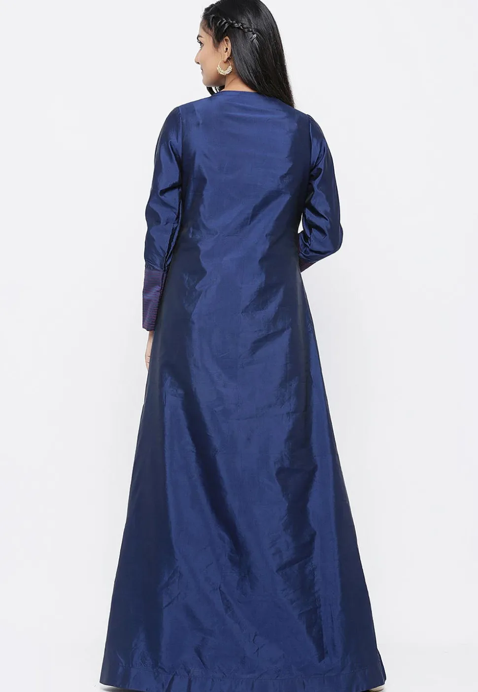 Embroidered Taffeta Silk Gown Set in Navy Blue