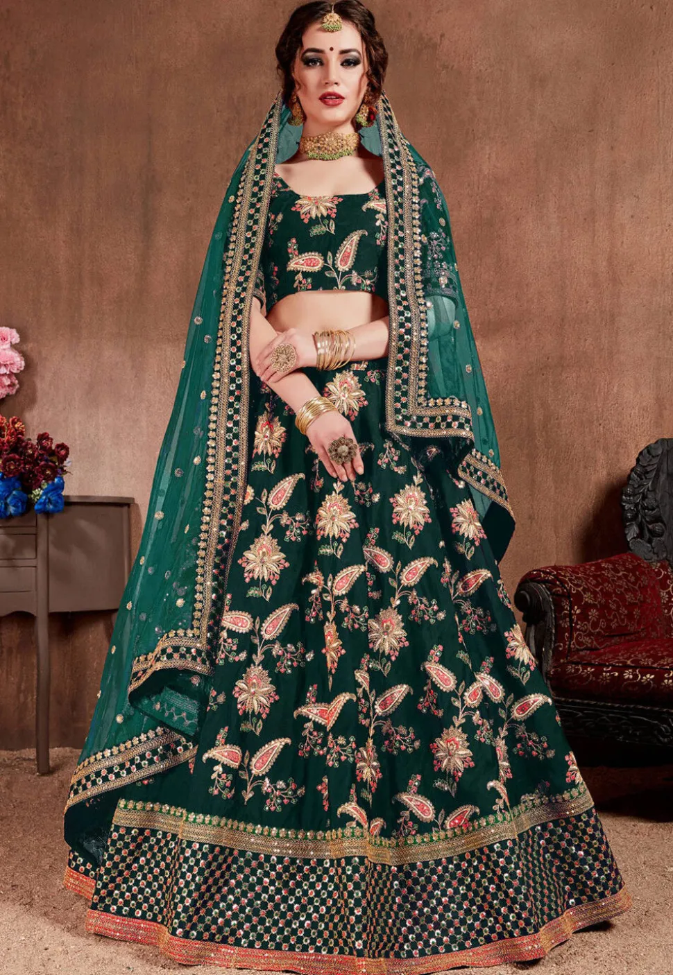 Embroidered Taffeta Silk Lehenga in Green
