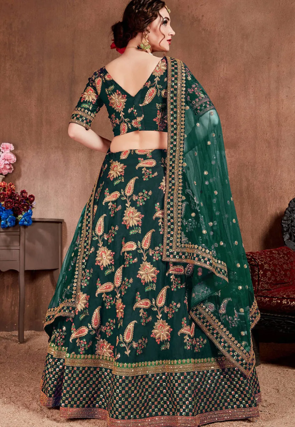 Embroidered Taffeta Silk Lehenga in Green