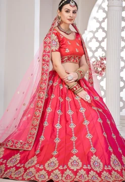 Embroidered Taffeta Silk Lehenga in Dark Pink