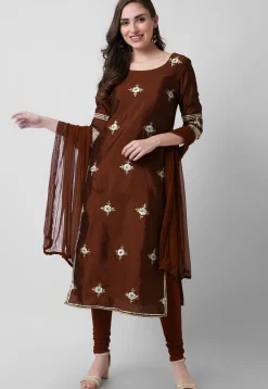 Embroidered Taffeta Silk Straight Suit in Brown