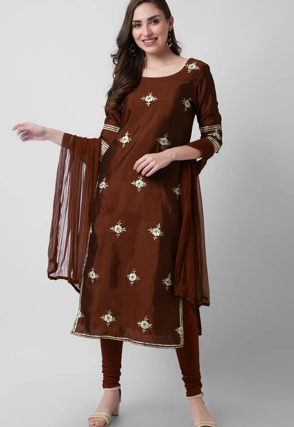 Embroidered Taffeta Silk Straight Suit in Brown