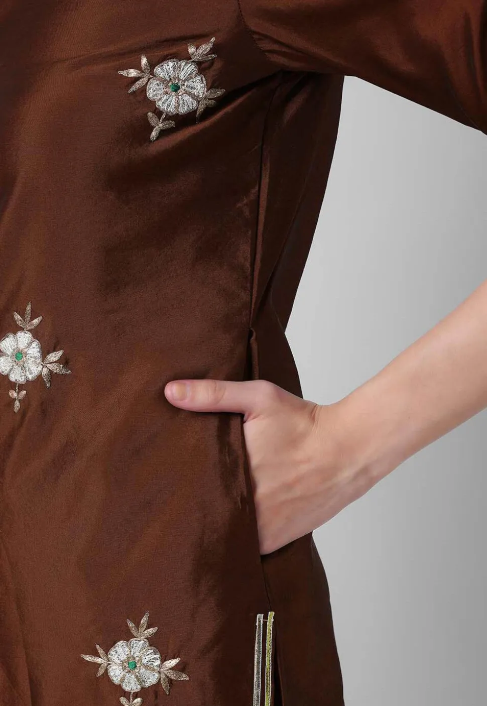 Embroidered Taffeta Silk Straight Suit in Brown