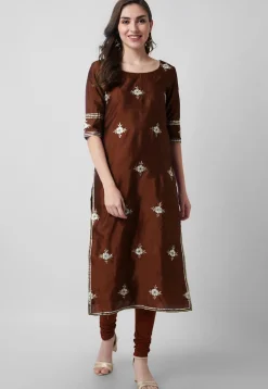 Embroidered Taffeta Silk Straight Suit in Brown