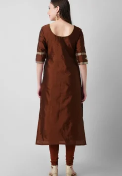 Embroidered Taffeta Silk Straight Suit in Brown