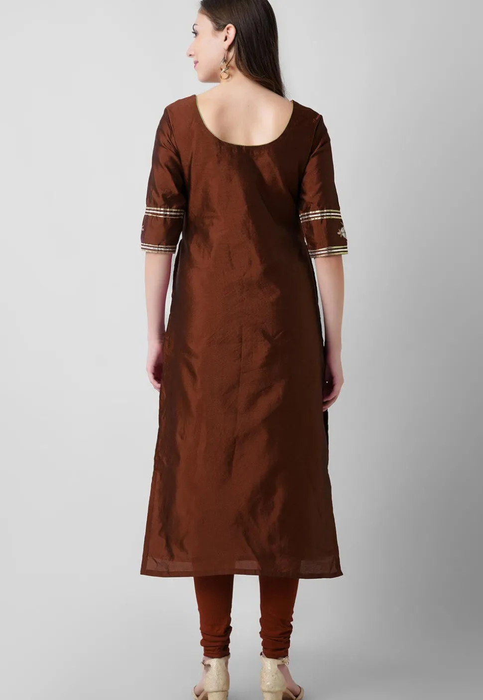 Embroidered Taffeta Silk Straight Suit in Brown