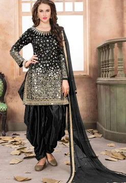 Embroidered Taffeta Silk Punjabi Suit in Black