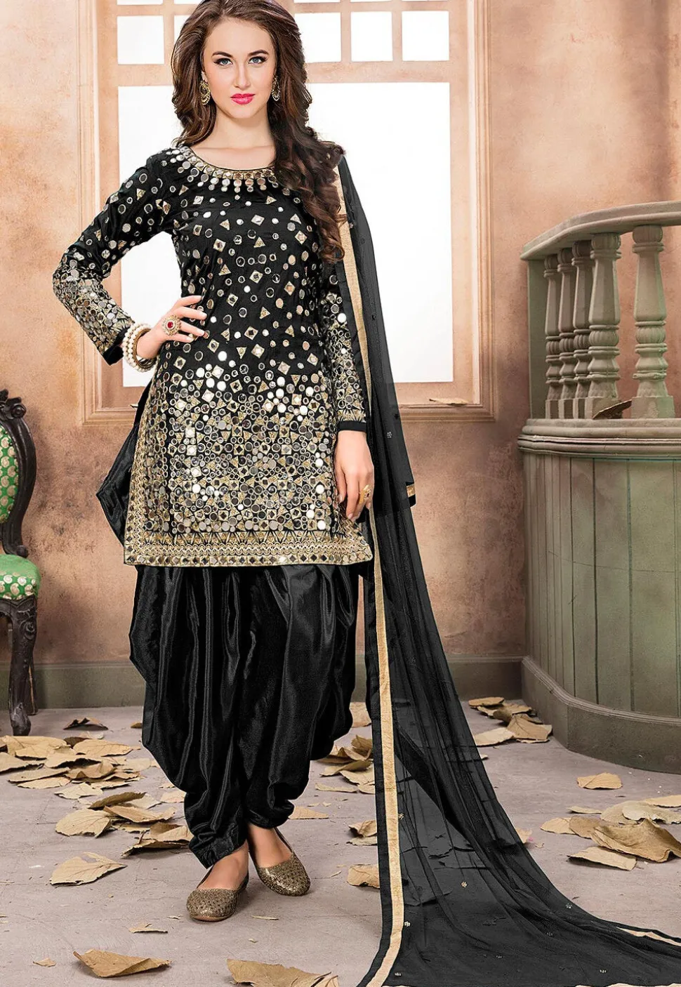 Embroidered Taffeta Silk Punjabi Suit in Black