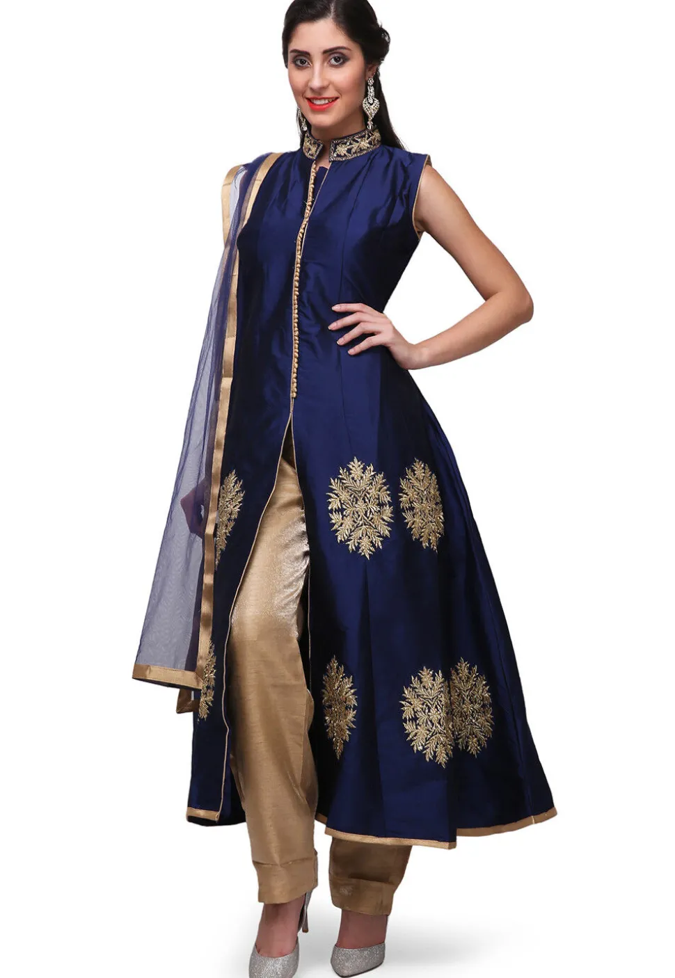 Embroidered Taffeta Silk Front Slit Pakistani Suit in Dark Blue
