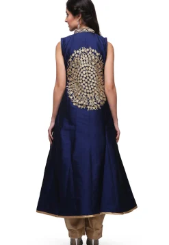 Embroidered Taffeta Silk Front Slit Pakistani Suit in Dark Blue