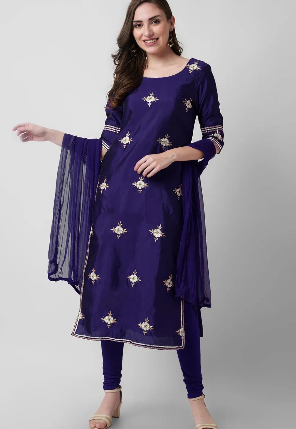 Embroidered Taffeta Silk Straight Suit in Navy Blue