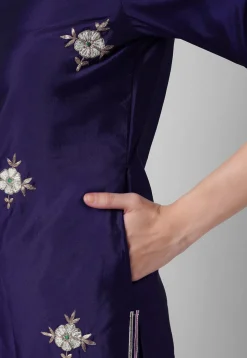 Embroidered Taffeta Silk Straight Suit in Navy Blue