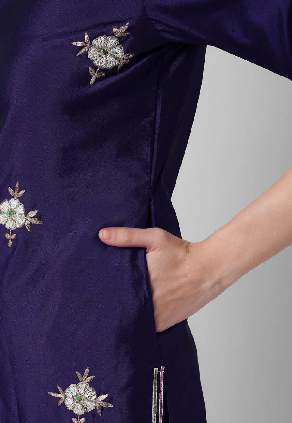 Embroidered Taffeta Silk Straight Suit in Navy Blue