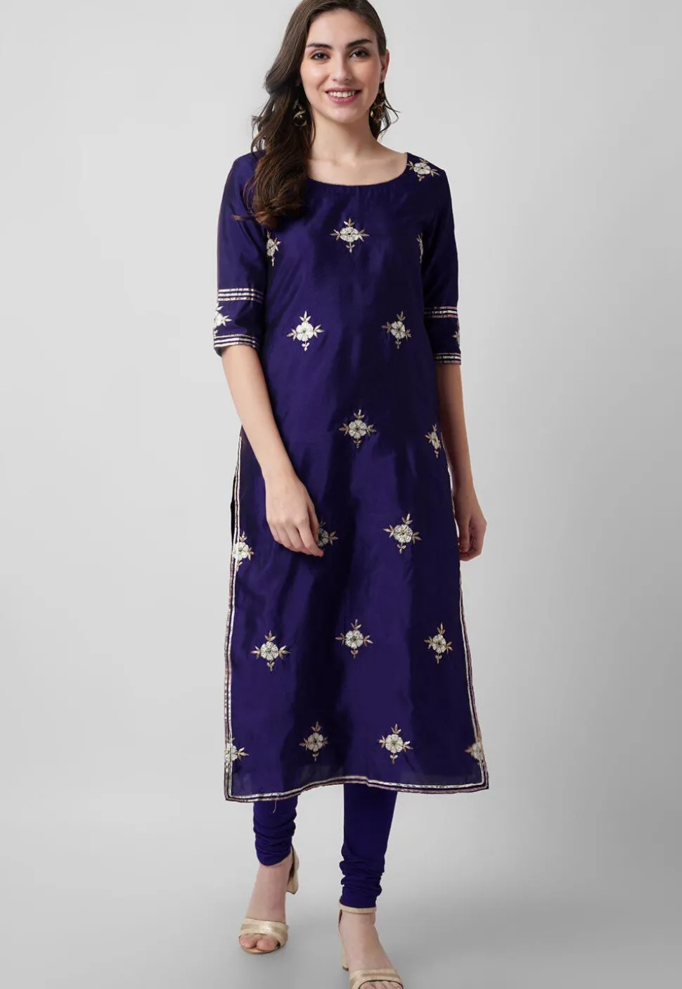Embroidered Taffeta Silk Straight Suit in Navy Blue