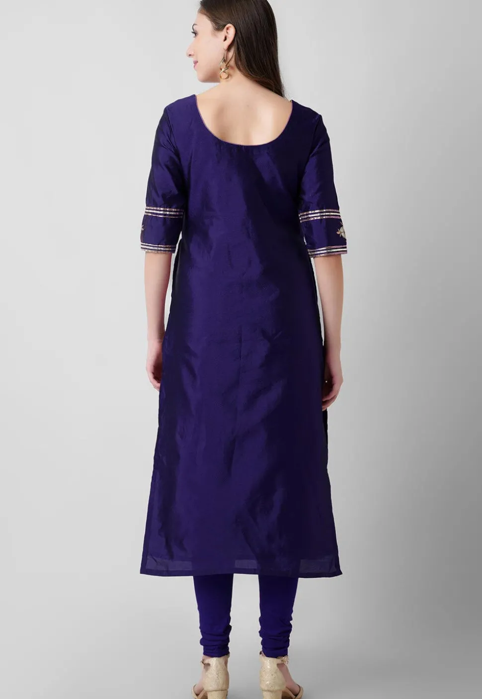 Embroidered Taffeta Silk Straight Suit in Navy Blue