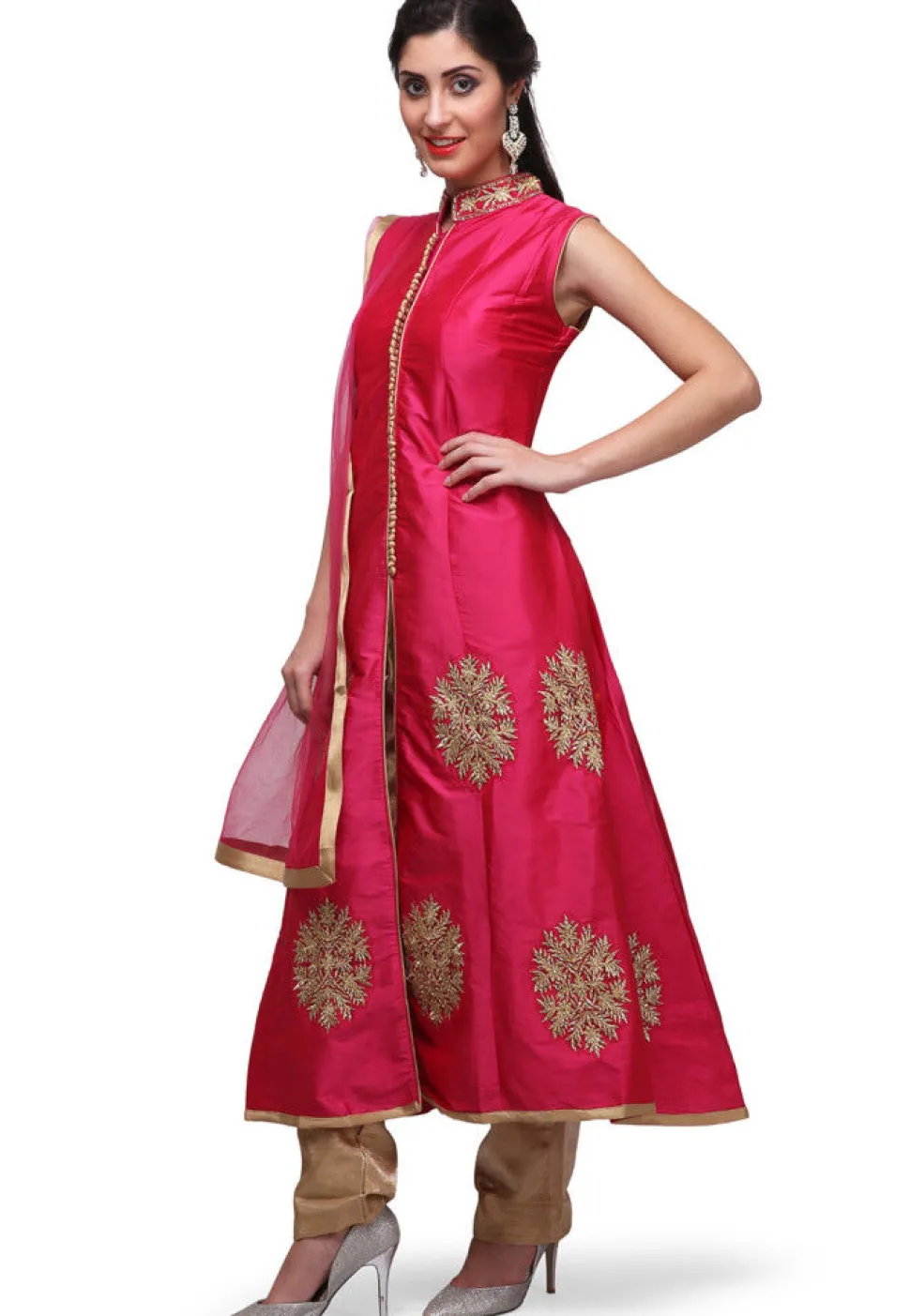 Embroidered Taffeta Silk Front Slit Pakistani Suit in Fuchsia