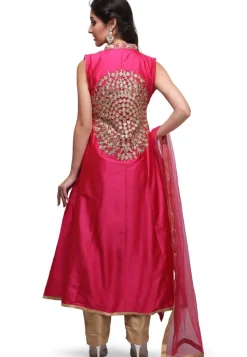 Embroidered Taffeta Silk Front Slit Pakistani Suit in Fuchsia