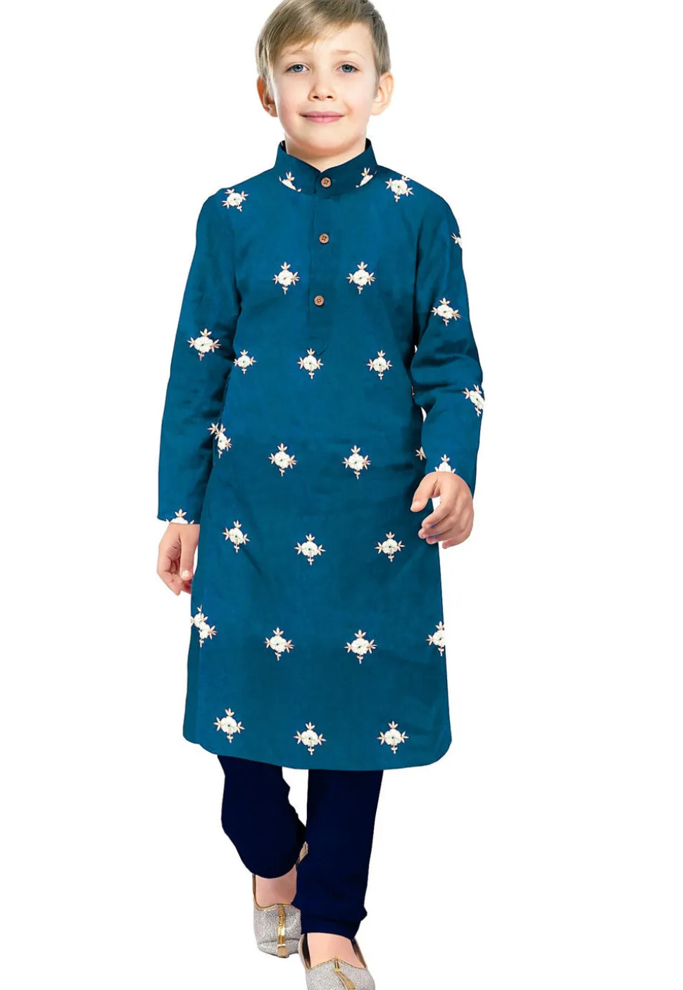 Embroidered Taffeta Silk Kurta Set in Teal Blue