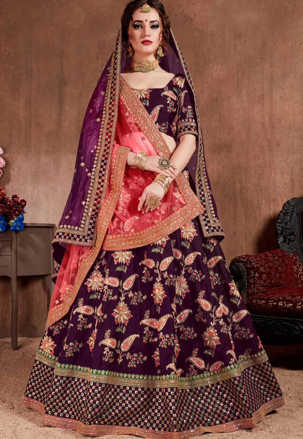 Embroidered Taffeta Silk Lehenga in Purple