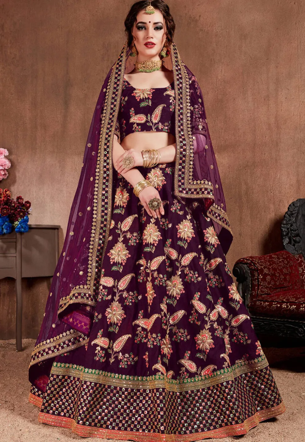 Embroidered Taffeta Silk Lehenga in Purple