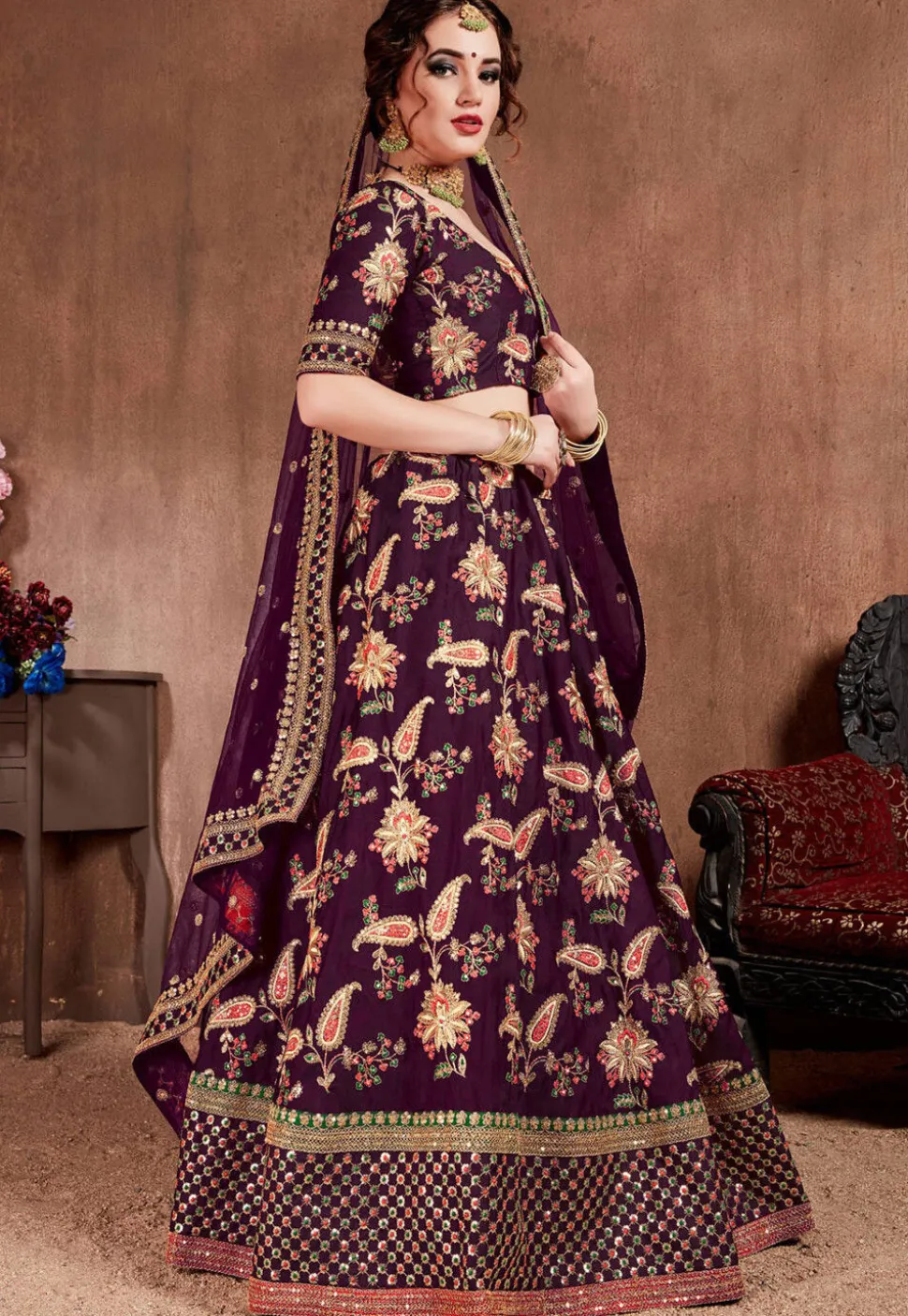 Embroidered Taffeta Silk Lehenga in Purple