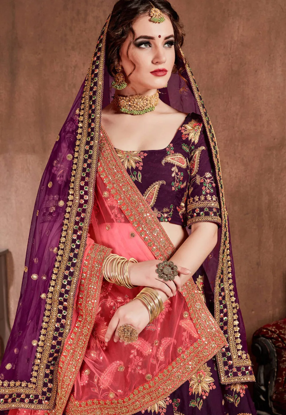 Embroidered Taffeta Silk Lehenga in Purple